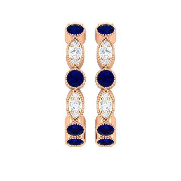 1 CT Blue Sapphire and Diamond Hoop Earrings, Blue Sapphire Vintage Earrings, Ho