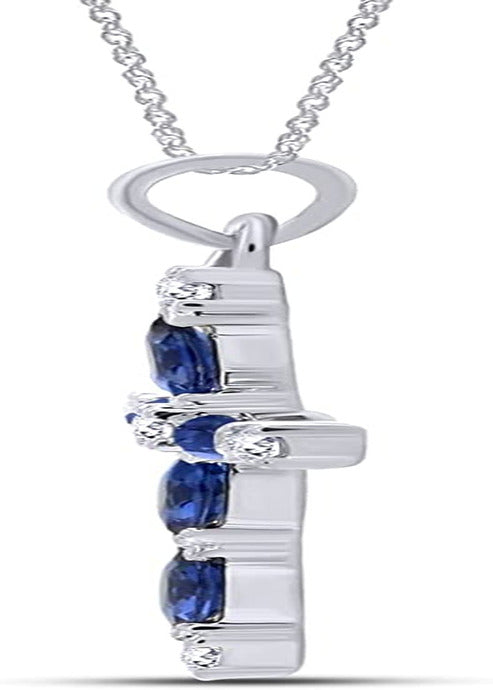 Marquise Cut Simulated Blue Sapphire White Diamond Cross Pendant Necklace in 10K