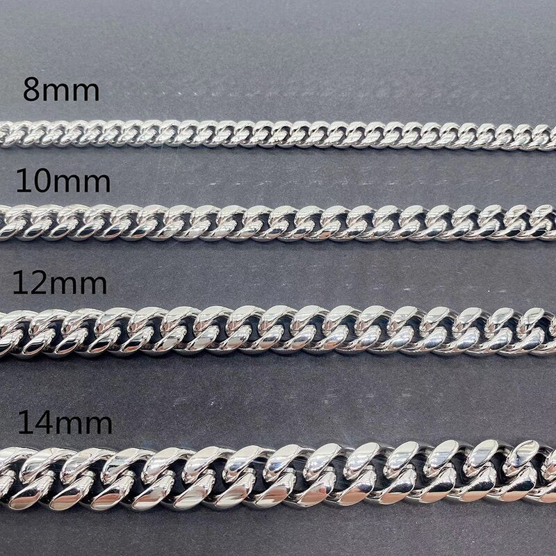 Hiphop 8-10Mm Stainless Steel Cuban Chain Necklace Pave Silver Moissanite Buckle