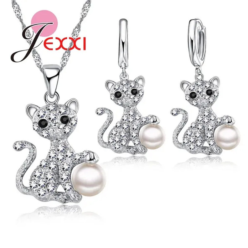 Cute Cat with Fine CZ Diamond and Pearl Ball 925 Sterling Silver Fashion Jewelry