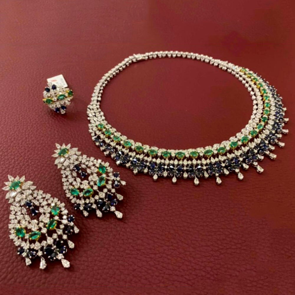 New Trendy Green Blue Mix UAE Jewelry Sets for Women Wedding Party Zircon CZ