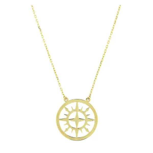 14K Yellow Gold Compass Disk Necklace, 16-18"