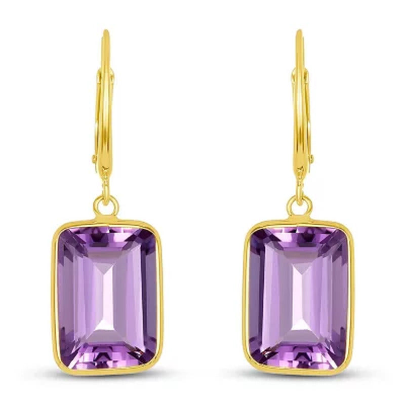 Emerald Cut Amethyst Dangle Earrings in 14K Yellow Gold