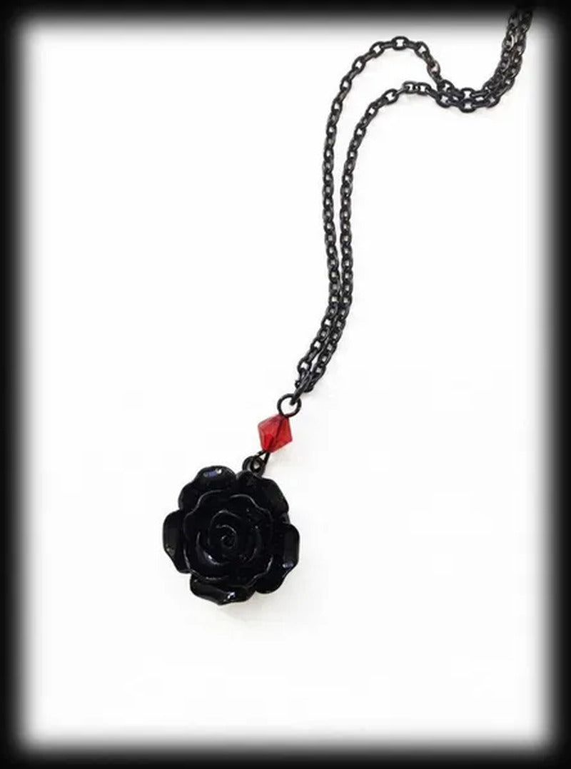 Black Rose Gothic Necklace with Red Bead, Victorian Pendant, Gothic Jewelry, Rom