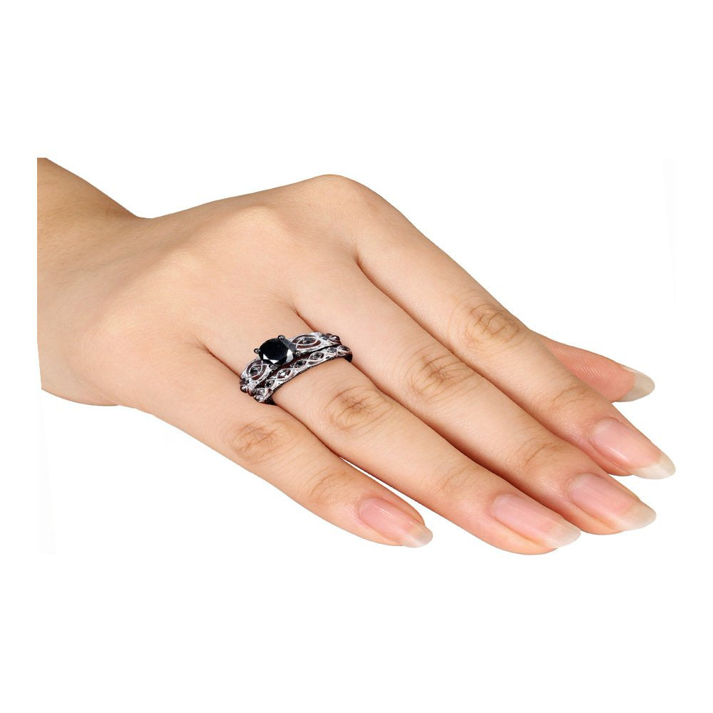 1.39 Carat (Ctw) Black Diamond Engagement Ring and Wedding Band Set in 10K White