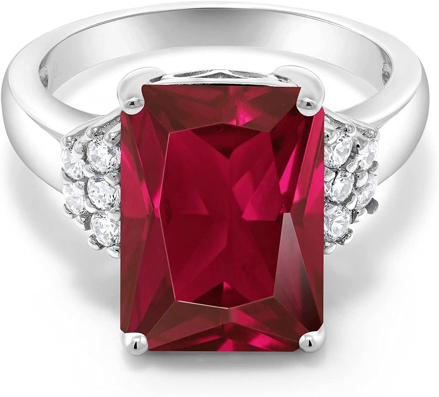 925 Sterling Silver Red Created Ruby Engagement Ring for Women (8.30 Cttw, Emera