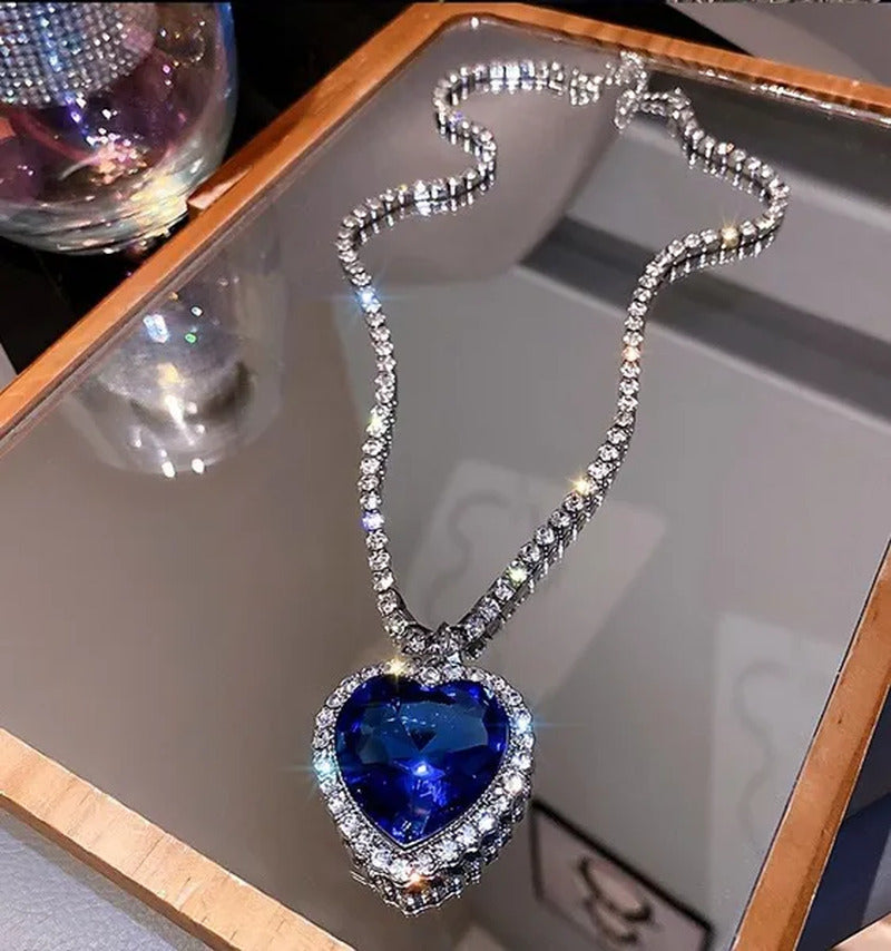 Big Crystal Heart Pendant Necklace for Women Full Rhinestone Heart of Ocean Blue