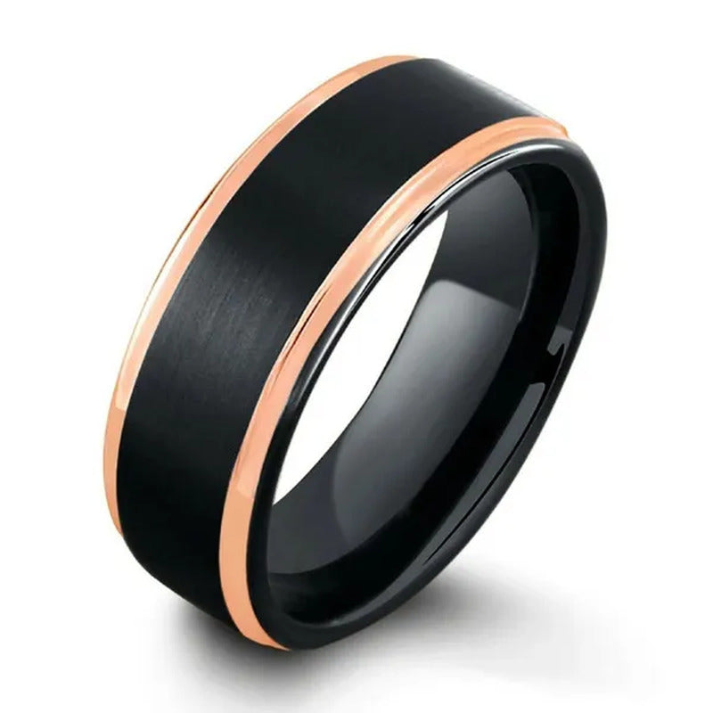 Men'S Black Tungsten Ring with Rose Gold Edge Plating Wedding Band for Men Jewel