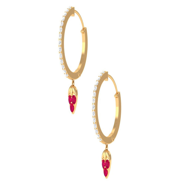 1/2 CT Ruby and Diamond Vintage Hoop Earrings for Women, 14K Yellow Gold