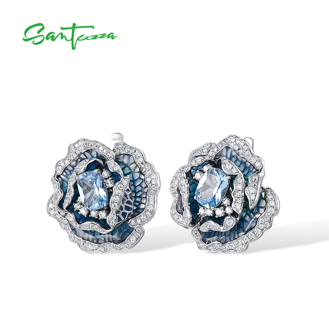 925 Sterling Silver Earrings for Women Blue Spinel White CZ Blooming Flower Eleg