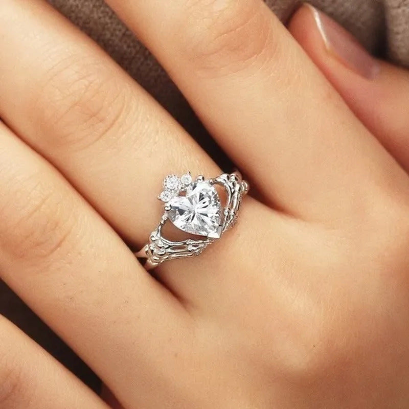 Claddagh White Sapphire Heart Punk Skeleton Hands Diamond Promise Proposal Engag