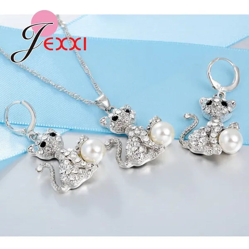 Cute Cat with Fine CZ Diamond and Pearl Ball 925 Sterling Silver Fashion Jewelry