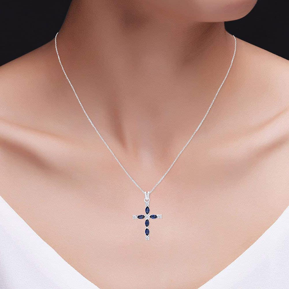 Marquise Cut Simulated Blue Sapphire White Diamond Cross Pendant Necklace in 10K