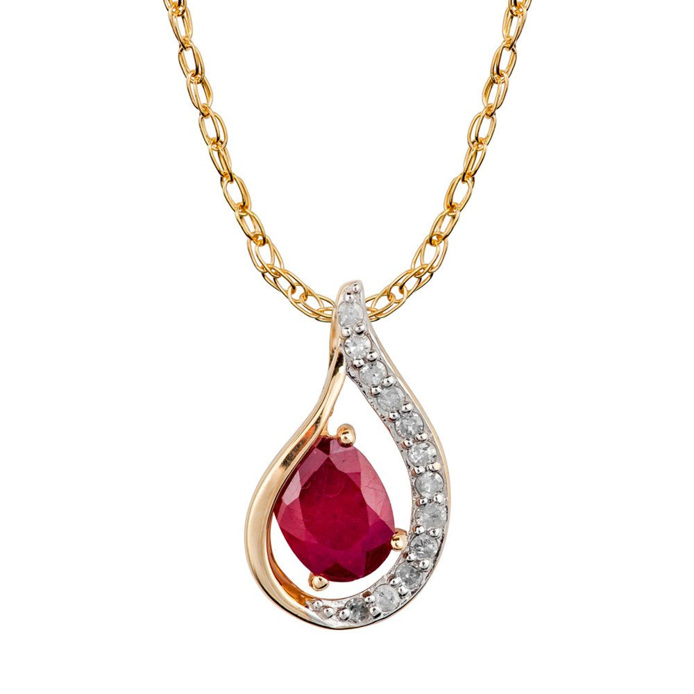 10K Yellow Gold Genuine Oval Ruby and Diamond Halo Drop Pendant Necklace