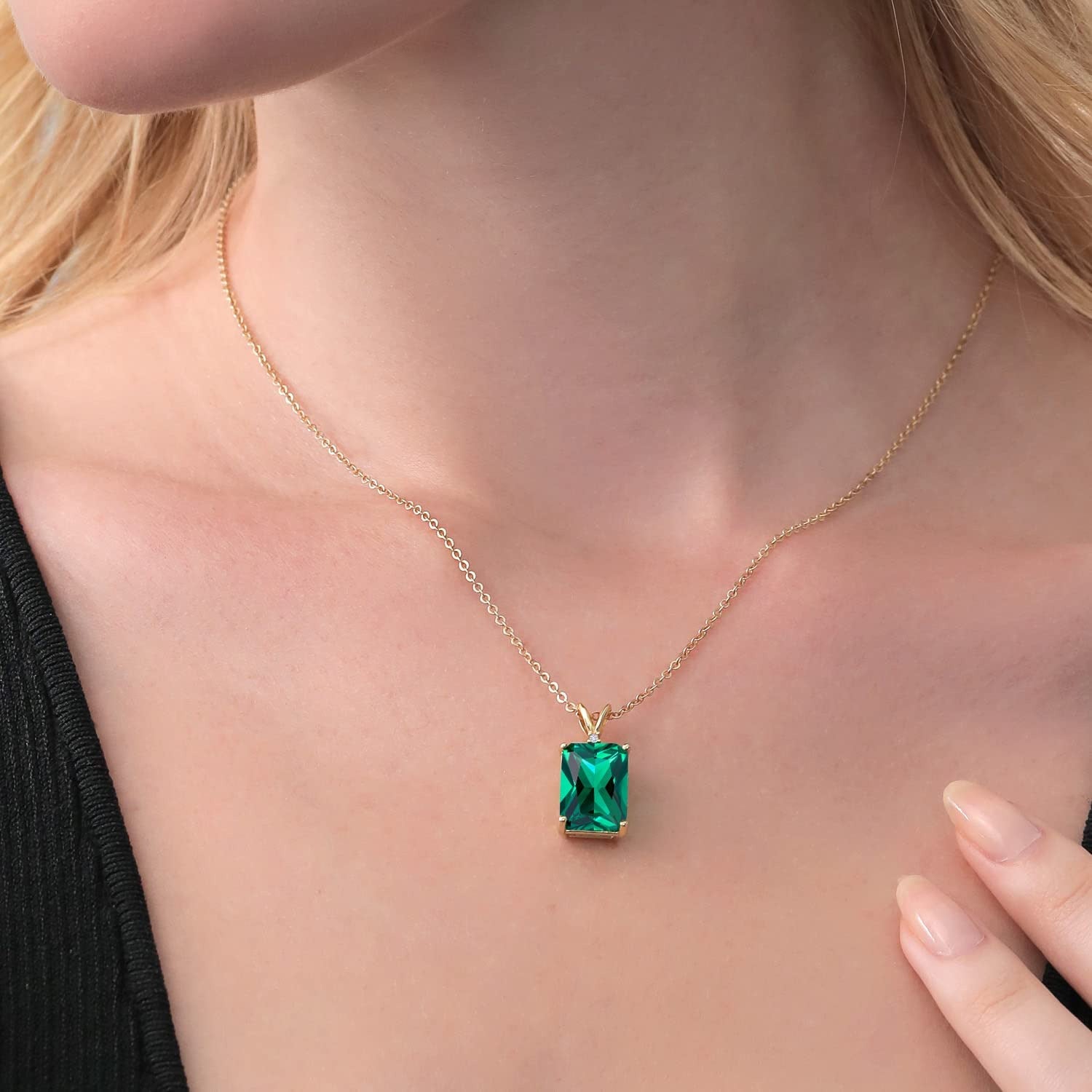 18K Yellow Gold Plated Silver Green Simulated Emerald and White Diamond Pendant