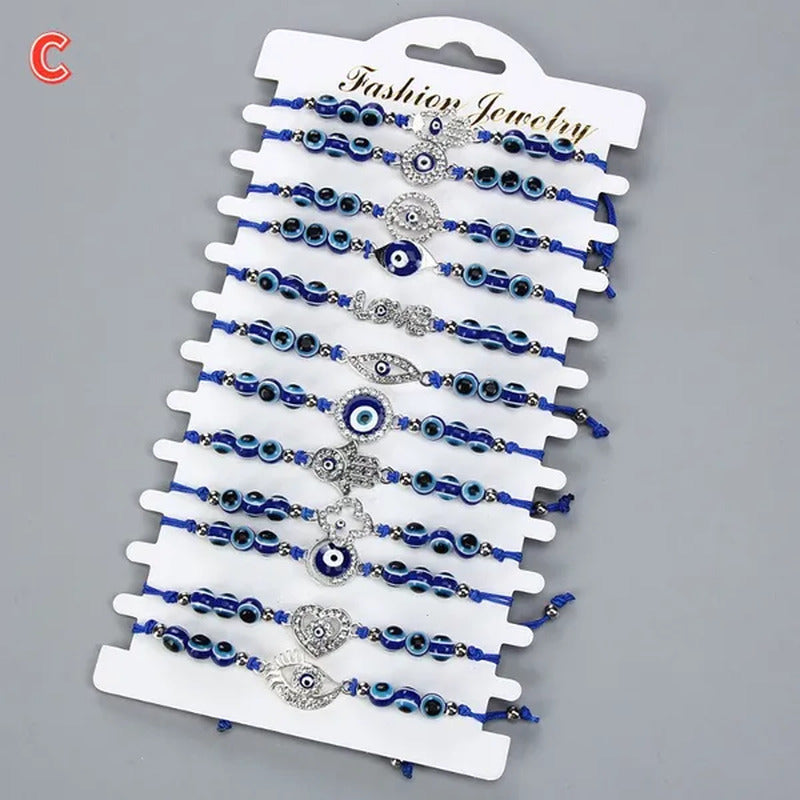 12 Pcs/Set Bohemian Handmade Braided Rope Charm Bracelets Rhinestone Blue round