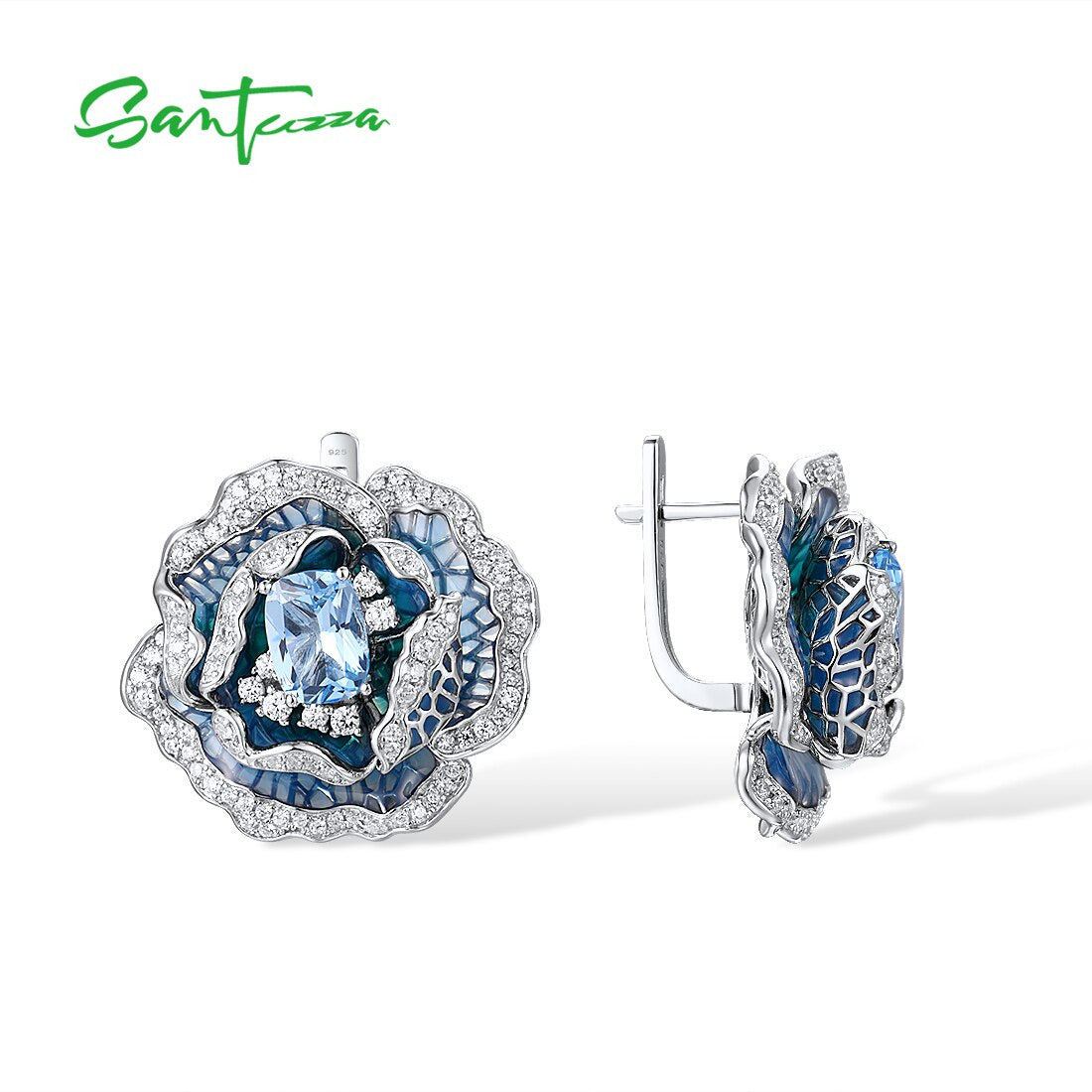 925 Sterling Silver Earrings for Women Blue Spinel White CZ Blooming Flower Eleg