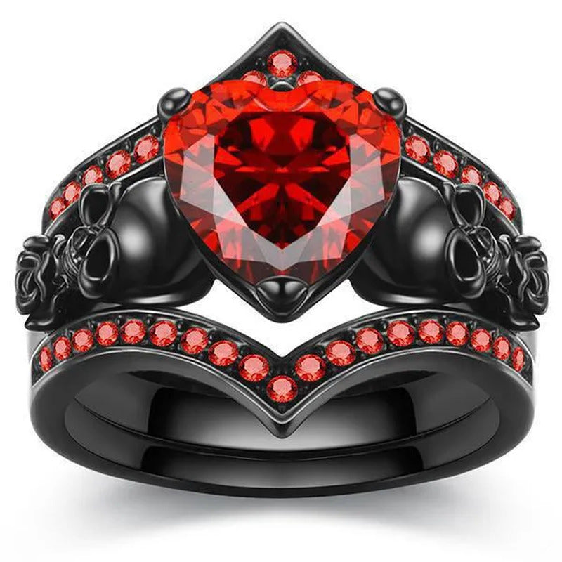 Gothic Black Rose Flower Skull Engagement Rings Set Red Purple Heart-Shaped Zirc