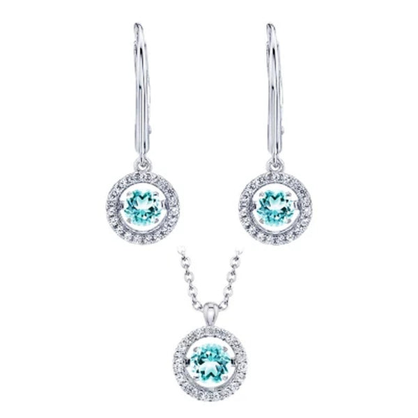 Dancing Aquamarine and Lab Created White Sapphire Pendant and Ear Set in Sterlin