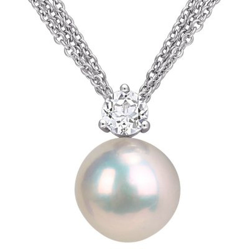 11-12 Mm White round Cultured Freshwater Pearl and White Topaz Drop Pendant in S