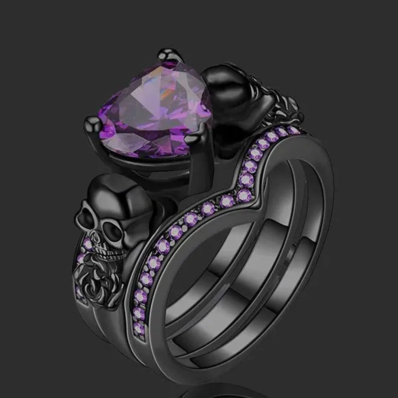 Gothic Black Rose Flower Skull Engagement Rings Set Red Purple Heart-Shaped Zirc