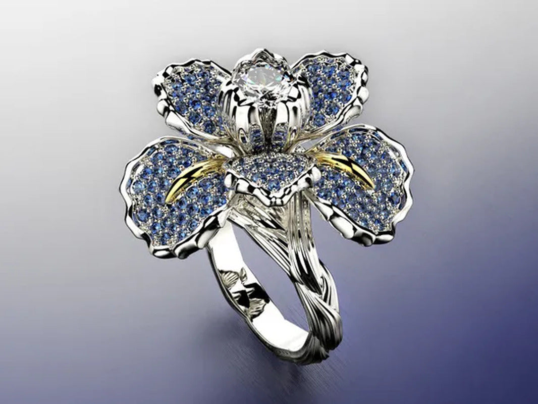 925 Silver Ring Iris Flower Two Tone Ring Blue Sapphire Flower Engagement Cockta