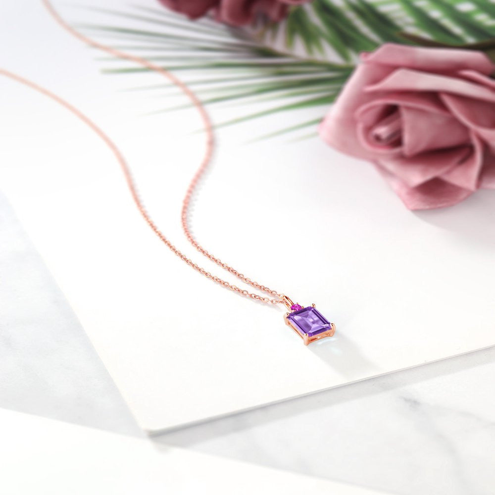 2.55 Ct Purple Amethyst Pink Sapphire 18K Rose Gold Plated Silver Pendant