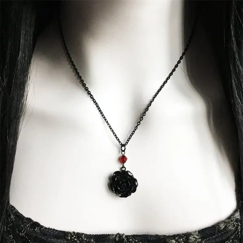 Black Rose Gothic Necklace with Red Bead, Victorian Pendant, Gothic Jewelry, Rom