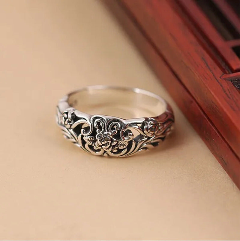 Exquisite 925 Sterling Silver Vintage Silver Black Rose Flower Ring Bride Weddin