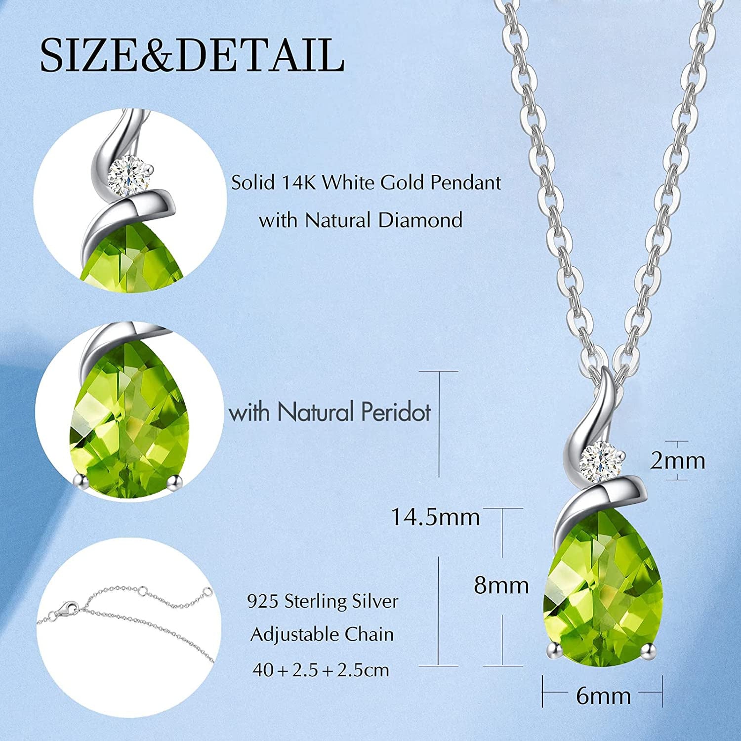 14K Solid White Gold Birthstone Pendant Necklace for Women with Diamond Pear Sha