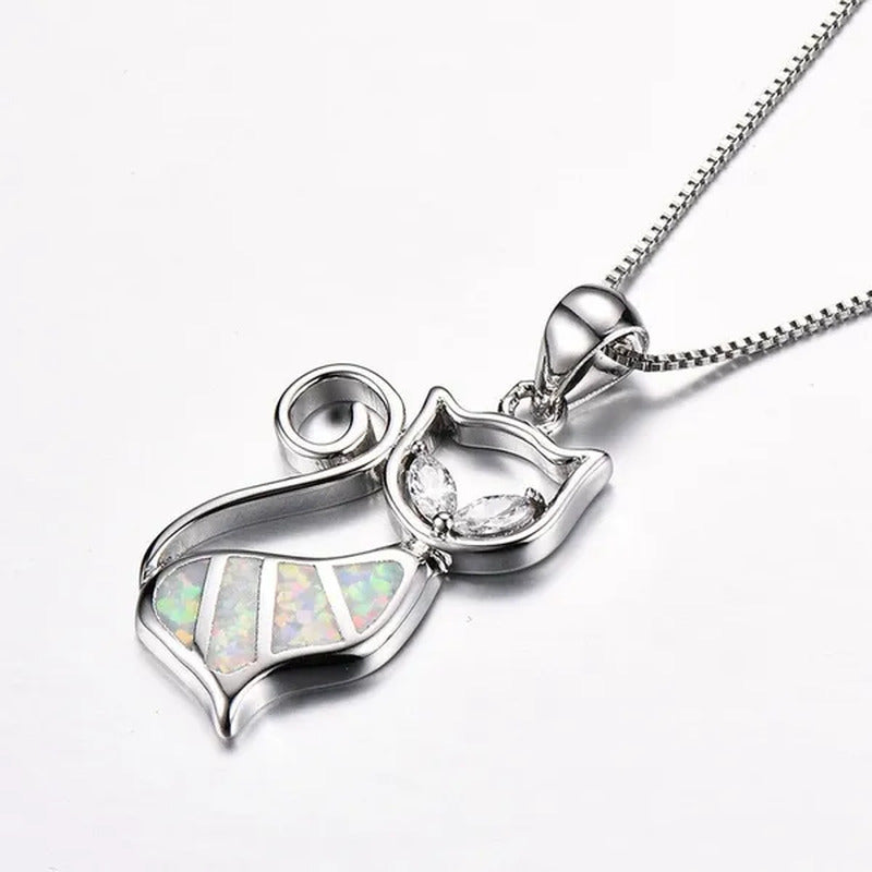 Fashion Elegant 925 Silver White Fire Opal Sapphire Cat Pendant Necklace Womens