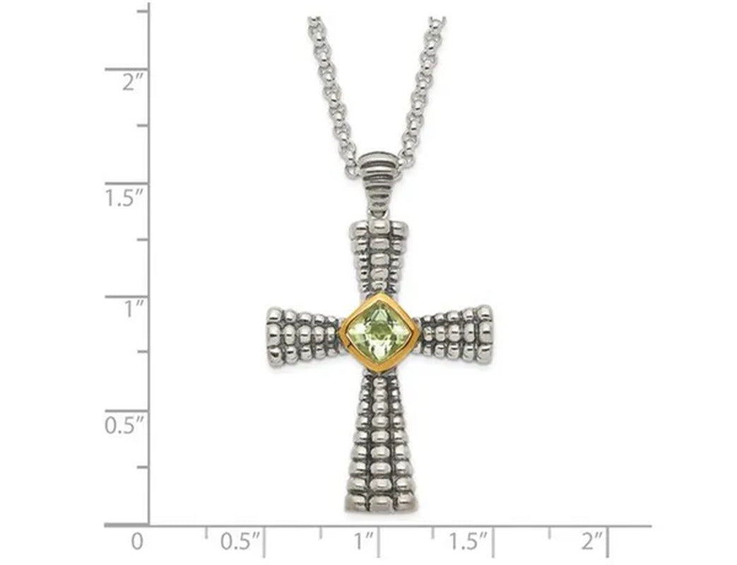 2.50 Carat (Ctw) Green Quartz Cross Pendant Necklace in Antiqued Sterling Silver