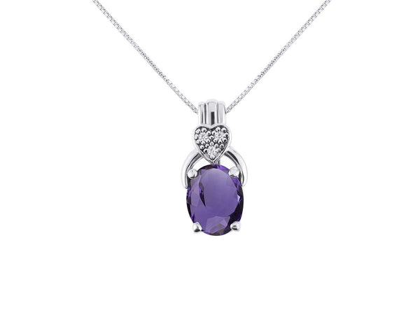 Diamond & Amethyst Pendant Necklace in 14K White Gold with 18" Gold Chain - Febr