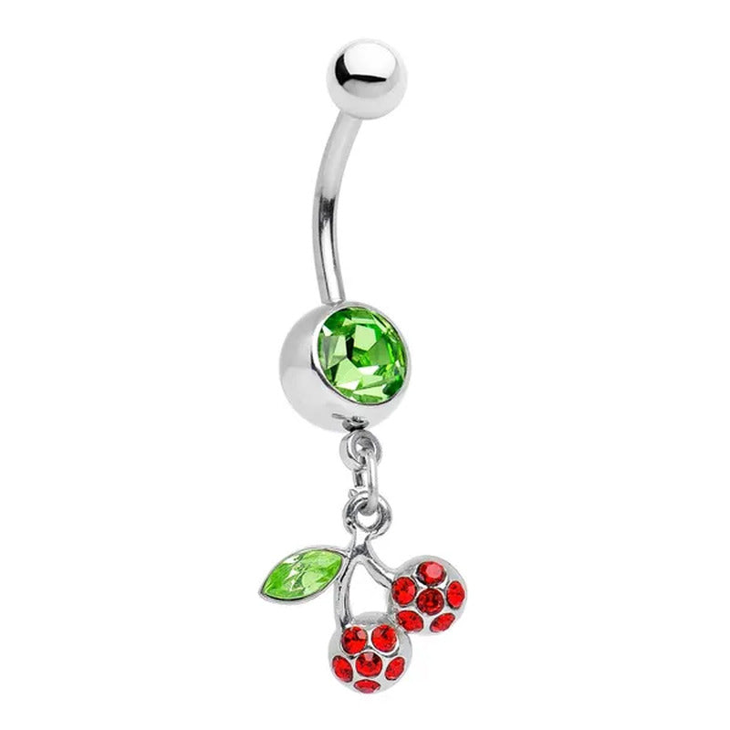 14 Gauge Cherry Dangle Belly Ring - Peridot Green CZ Gem with Ruby CZ Gem Dangle