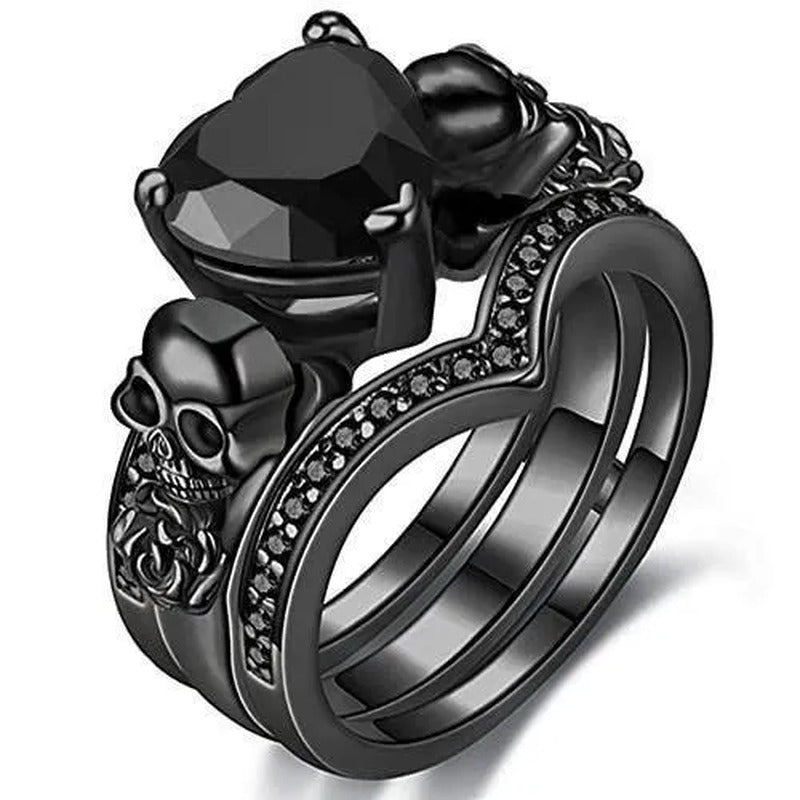 Gothic Black Rose Flower Skull Engagement Rings Set Red Purple Heart-Shaped Zirc