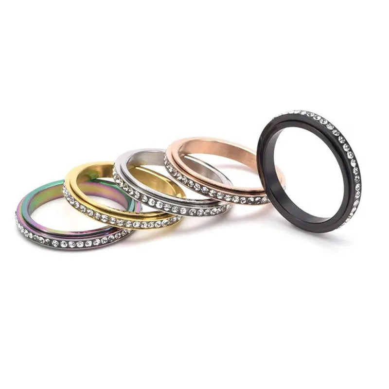 3Mm Wide Titanium Steel Exquisite Thin Spinner Ring Inlay Single Row Rhinestones