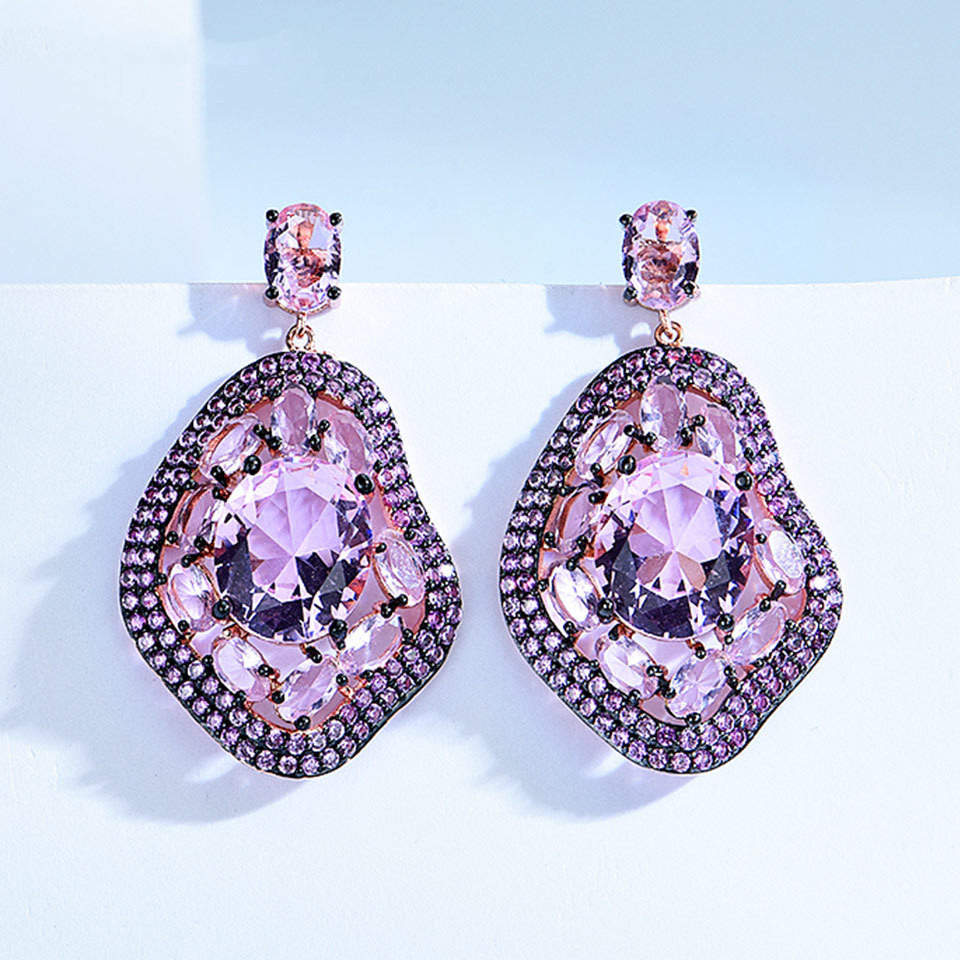 Atmospheric Long Diamond-Studded Geometric Oval Earrings