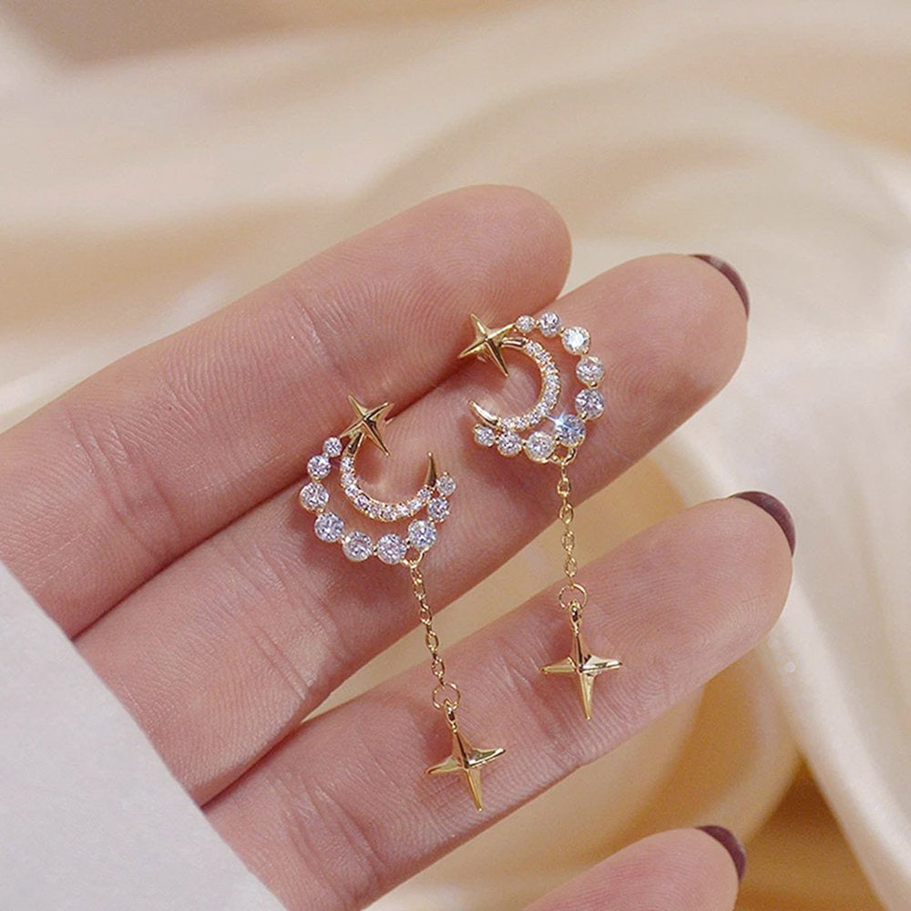 14K Gold Plated Hook Earrings Star Moon Diamond Earrings Women Fashion Trend Zir