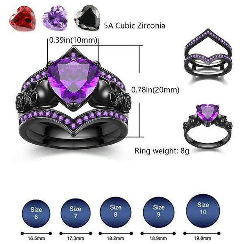 Gothic Black Rose Flower Skull Engagement Rings Set Red Purple Heart-Shaped Zirc