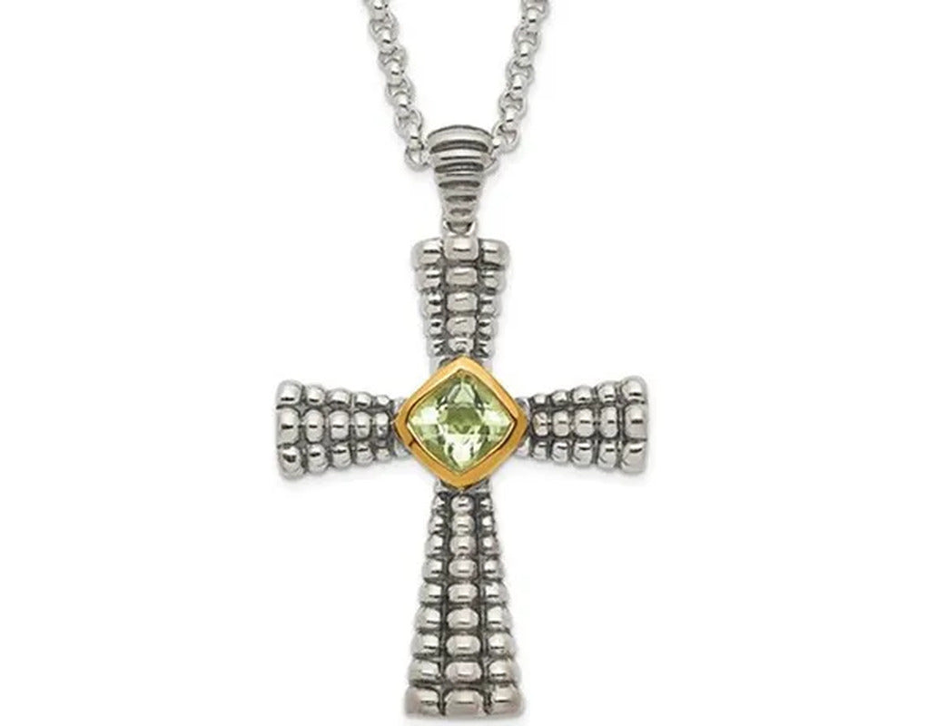 2.50 Carat (Ctw) Green Quartz Cross Pendant Necklace in Antiqued Sterling Silver