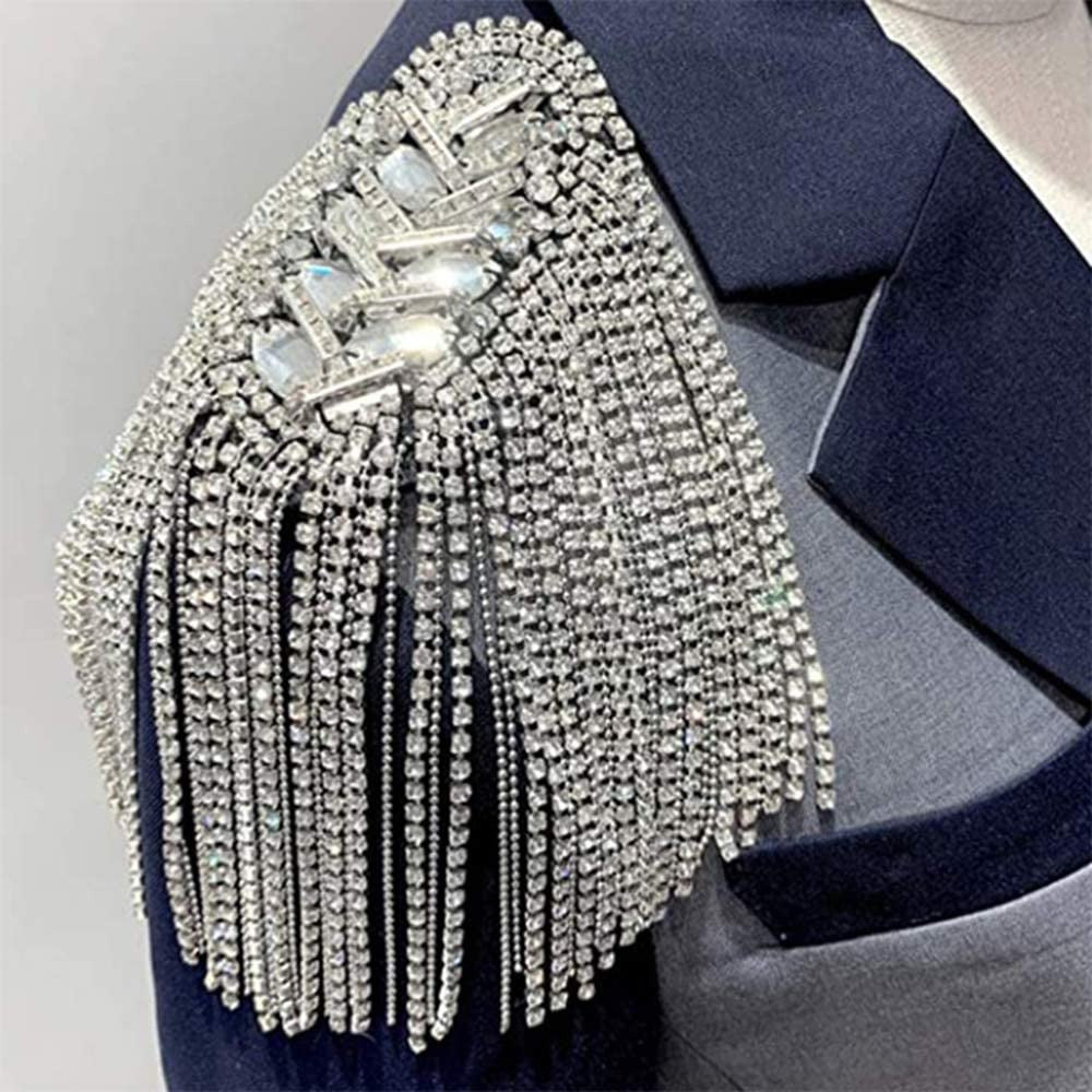 2Pcs Rhinestone Tassel Shoulder Epaulet Spike Chain Shoulder Badge Brooch Pins f