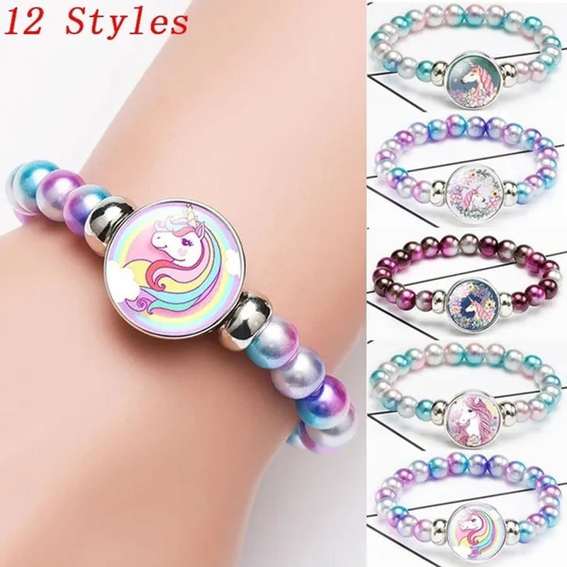 12 Styles Cute Unicorn Glass Rainbow Beads Bracelets & Bangles for Kids Girls Pa