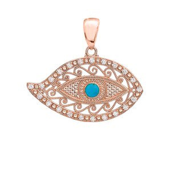 ROSE GOLD EVIL EYE DIAMOND PENDANT NECKLACE with TURQUOISE CENTER STONE : 10K Pe