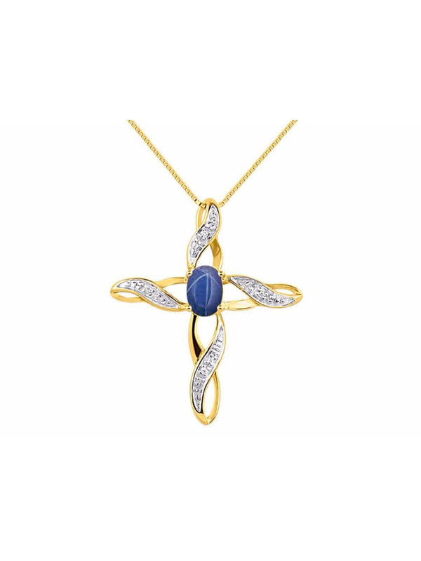 Diamond & Blue Star Sapphire Cross Pendant Necklace Set in Set in 14K Yellow Gol