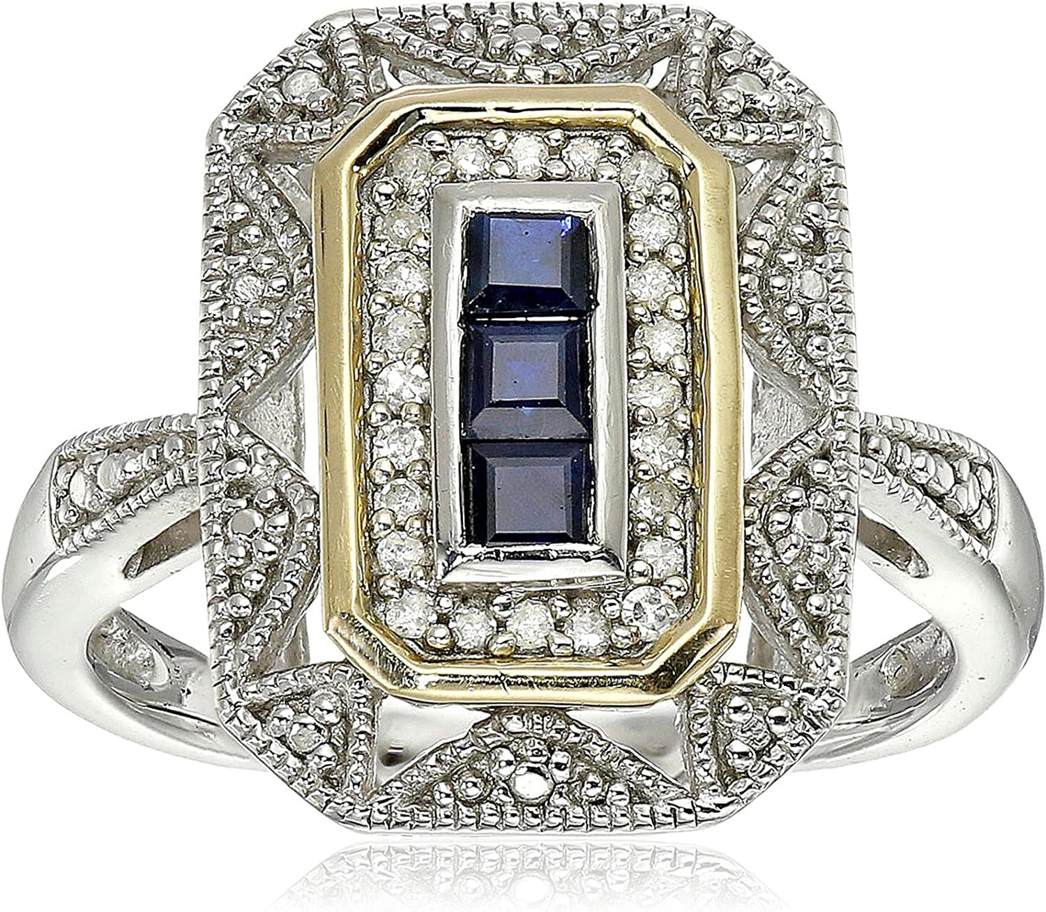 Sterling Silver and 14K Yellow Gold Blue Sapphire and Diamond Accent Art Deco-St