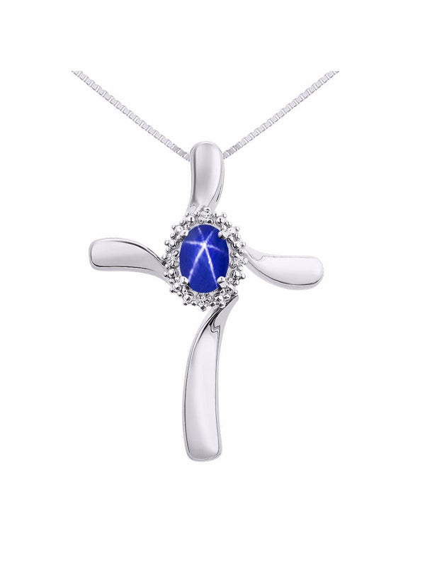 Diamond & Blue Star Sapphire Cross Pendant Necklace Set in Set in 14K White Gold