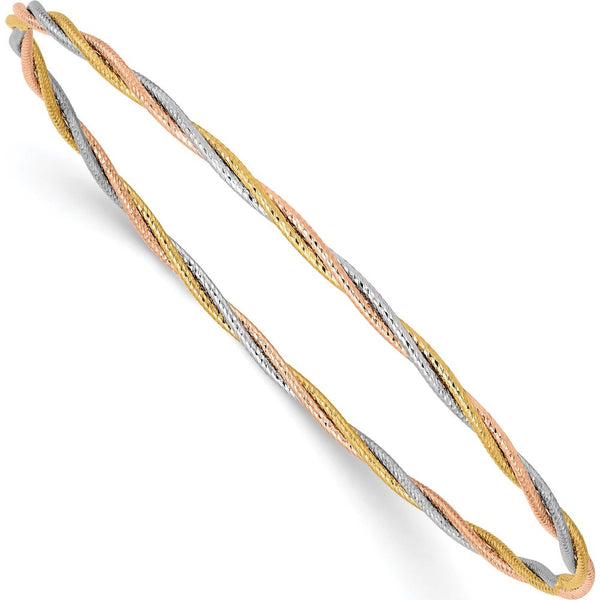 14K Tri-Color Diamond-Cut Twisted Slip-On Bangle (7.25 X 2) Made in Turkey Db575