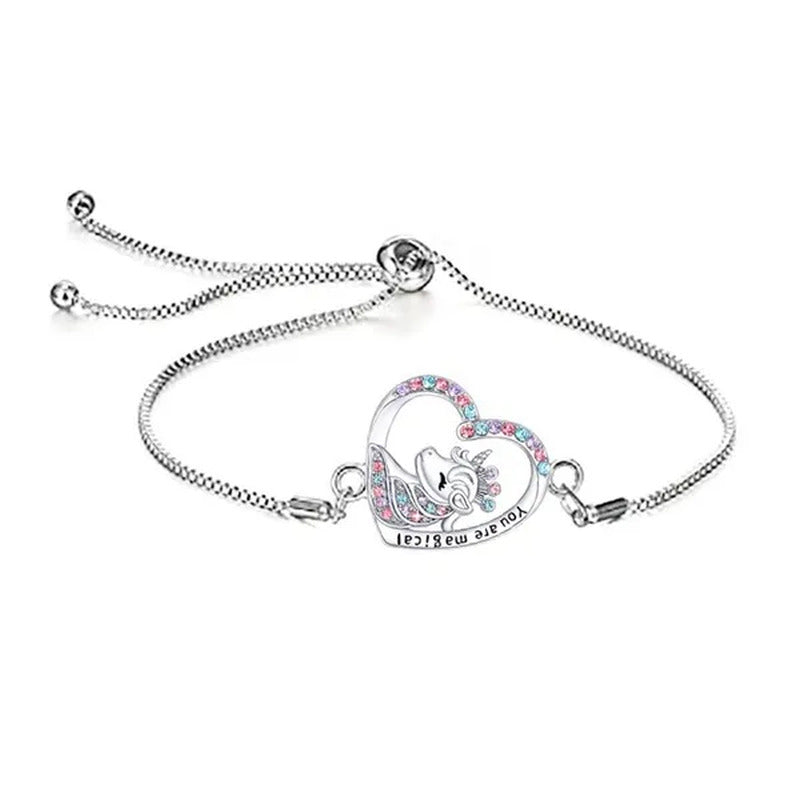 1/4Pcs You Are Magical Heart Shape Birthstone Crystal Unicorn Necklace Bracelet