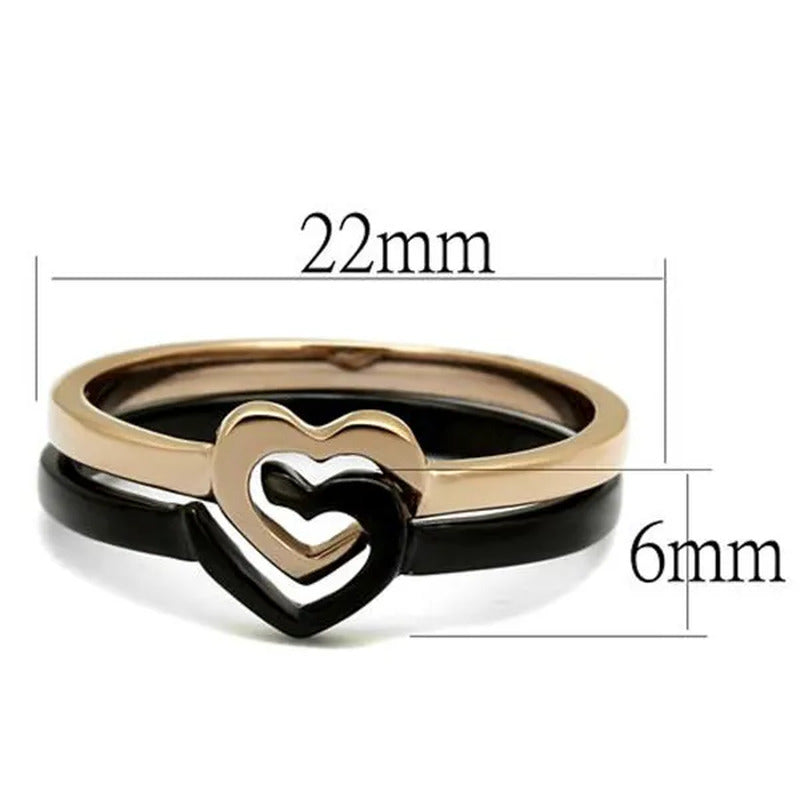 Stainless Steel Black & Rose Gold Ion Plated 2 Piece Heart Fashion Ring Size 5-1