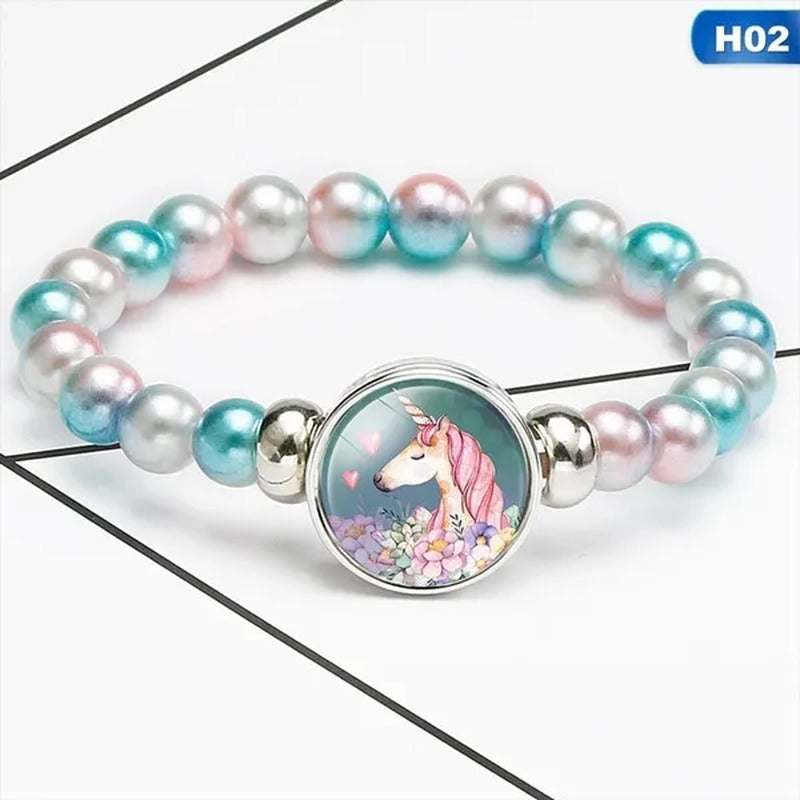 12 Styles Cute Unicorn Glass Rainbow Beads Bracelets & Bangles for Kids Girls Pa